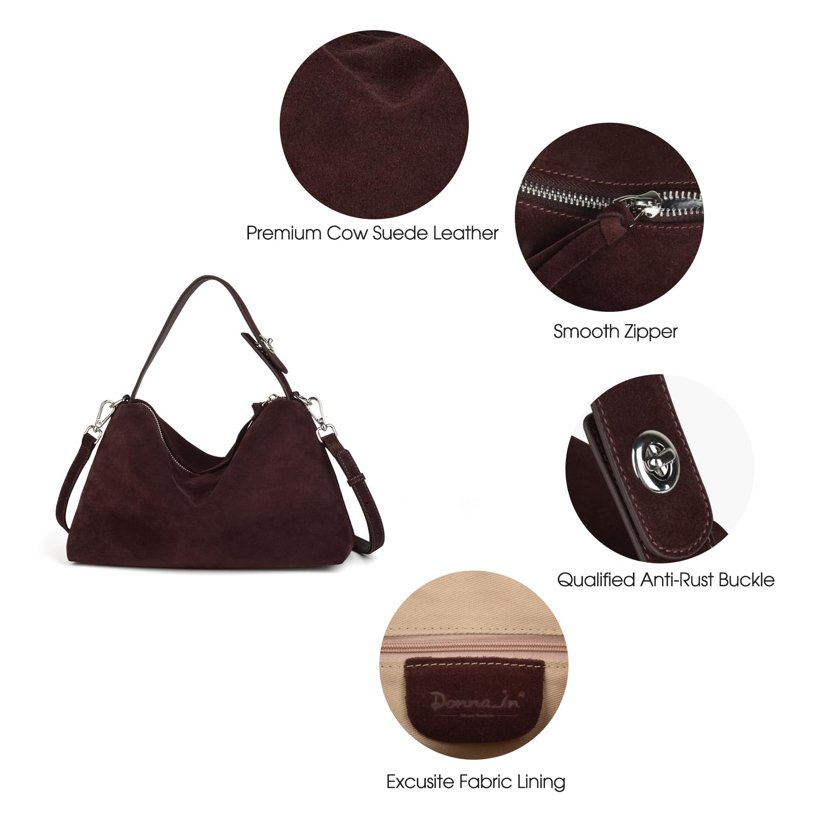 DONNAIN Wysokiej jakości zamszowe torby crossbody dla kobiet, luźna zamszowa torba na ramię z regulowanym paskiem i torebką typu tote