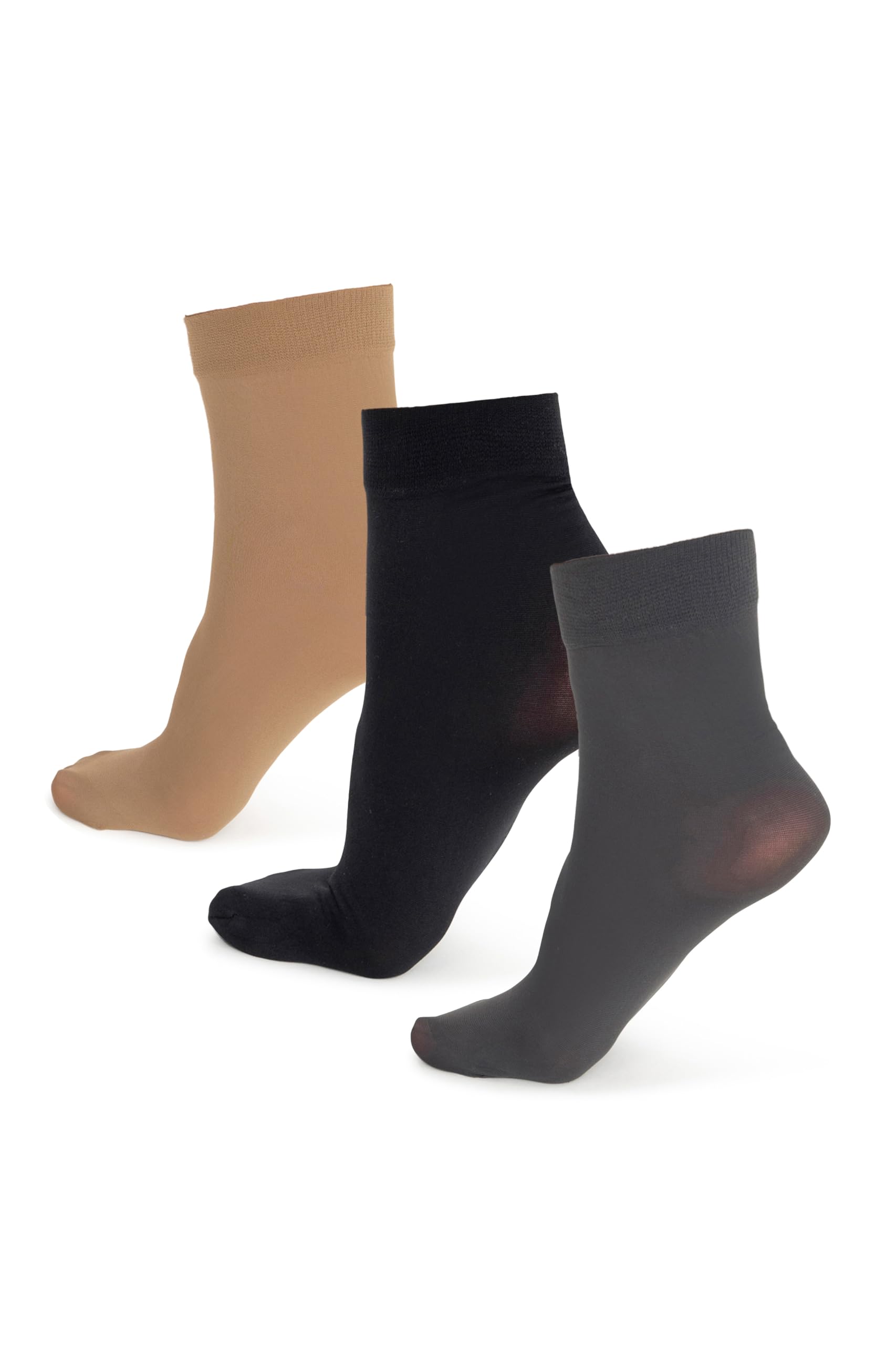 Noq Women's 3Pk Nero/Graphite/Beige 3-Pack Socks Above Ankle Plain 40 Den Opaque Microfiber Matte Classic With Comfort Top One Size Casual Office Socks Mira, Nero