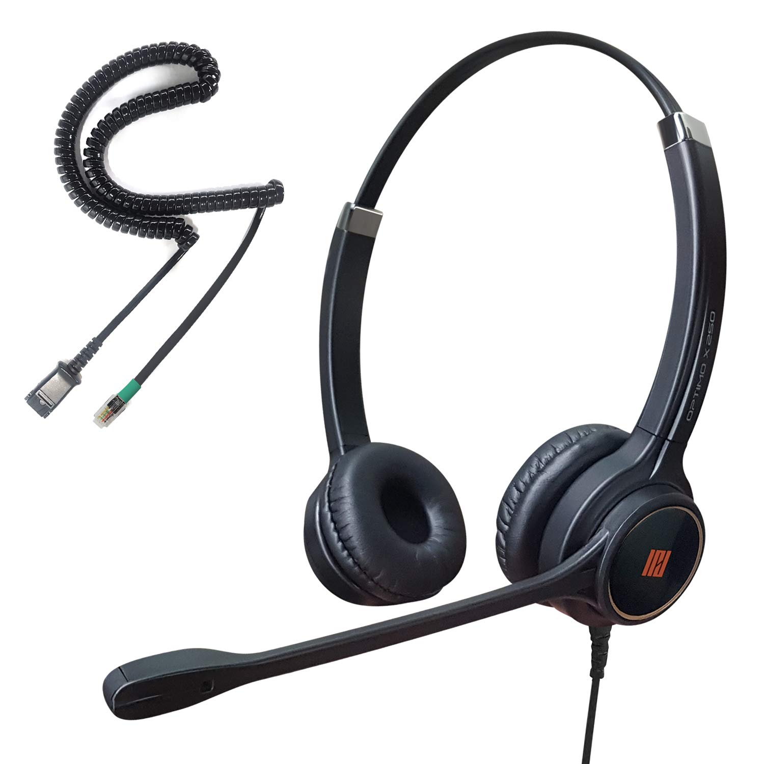 IPH-255 Optimo-X Duo Ear Noise canceling,Corded Headset for Call Center,Office&Landline Phones with U10P-S Bottom Cable w RJ9 Jack Cable Works with Yealink,Snom,LG &Other IP Phones