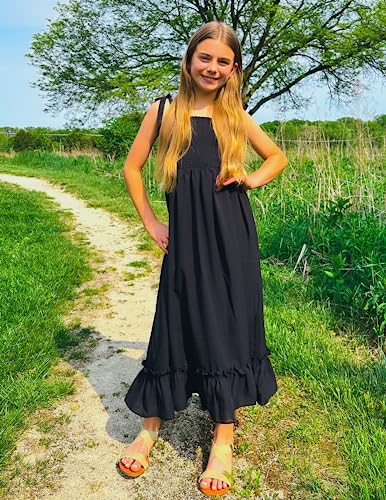 Image of Arshiner Girls Summer Dress Boho Beach Casual Smocked Maxi Dresses