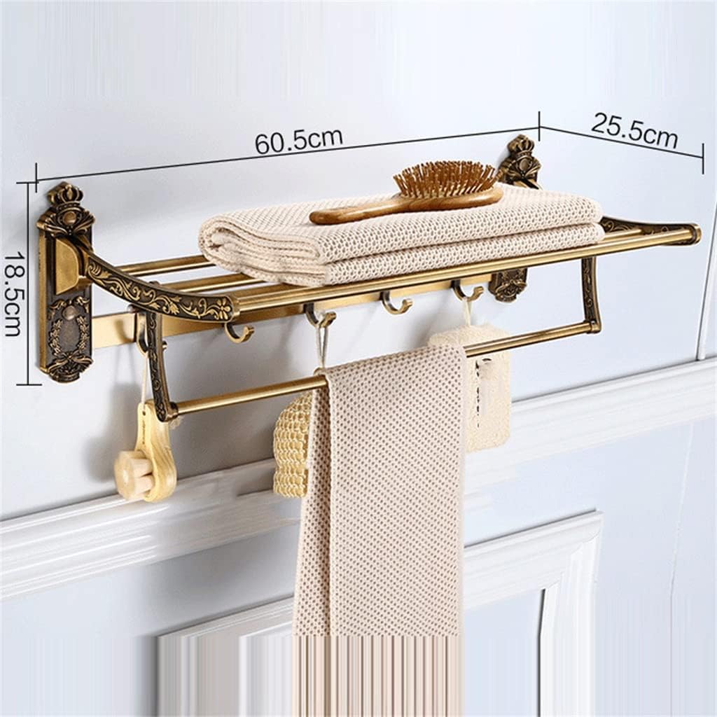 Aluminum Foldable Antique Brass Bath Towel Rack Active Bathroom Holder Shelf with Hooks Accessories