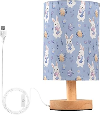 Table Lamp Watercolor Rabbit Egg Design Bedside Nightstand Lamps Fabric Shade Desk Lamp with Wood Base for Bedroom, Living Room, Office