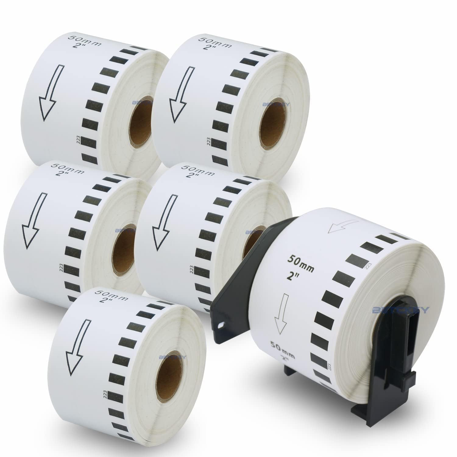 BETCKEY - 6 Rollos DK-22223 Etiquetas Adhesivas con Solo 1 Soportes de Etiquetas Reutilizables, 50mm x 30.48m, 6 Cinta Continua de Papel Térmico para Brother QL Impresoras de Etiquetas