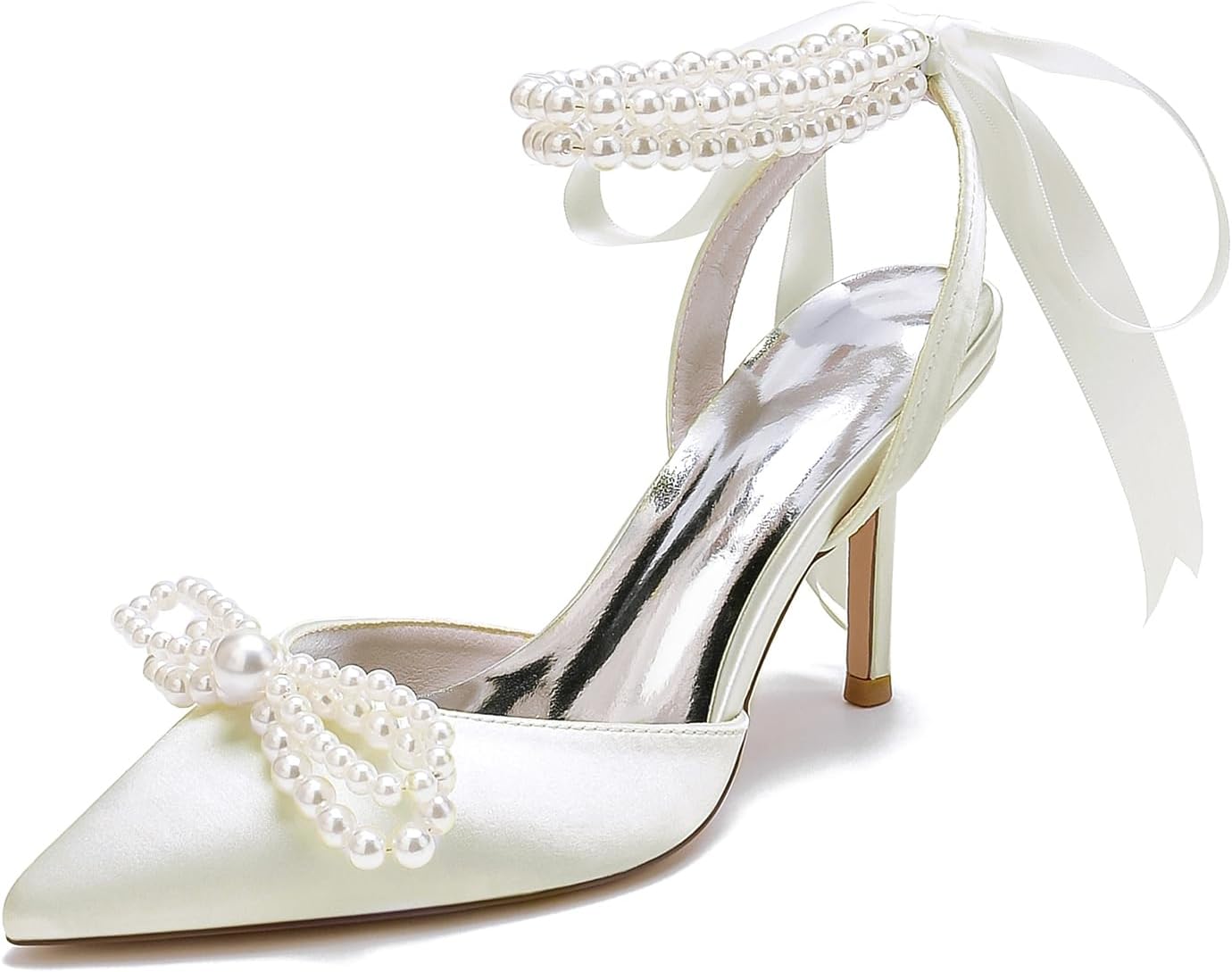 Women's Wedding Shoes Pearls Pointed Toe High Heels Ankle Strap Pumps Bridal Party Work Dress Shoes Sandals