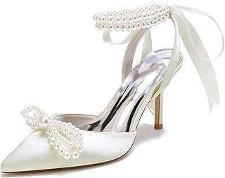 Women's Wedding Shoes Pearls Pointed Toe High Heels Ankle Strap Pumps Bridal Party Work Dress Shoes Sandals - Buy now