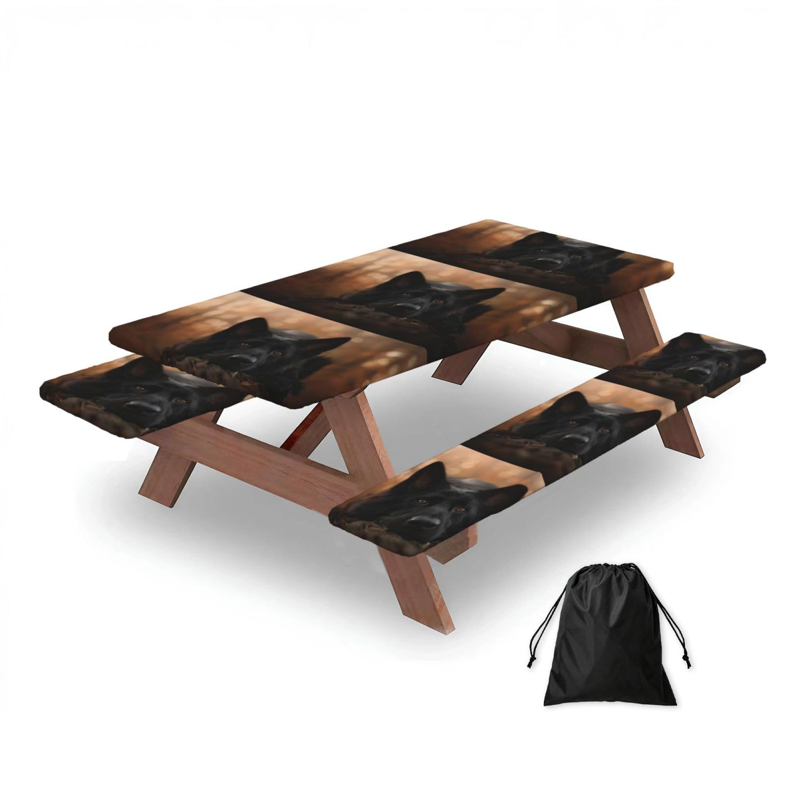 Dopklna As Picture Black German Shepherd Bokeh Autumn German, Picnic Table Cover With Bench Covers -Waterproof Elastic Fitted Tablecloth For Garden Camping Patio 76X152cm