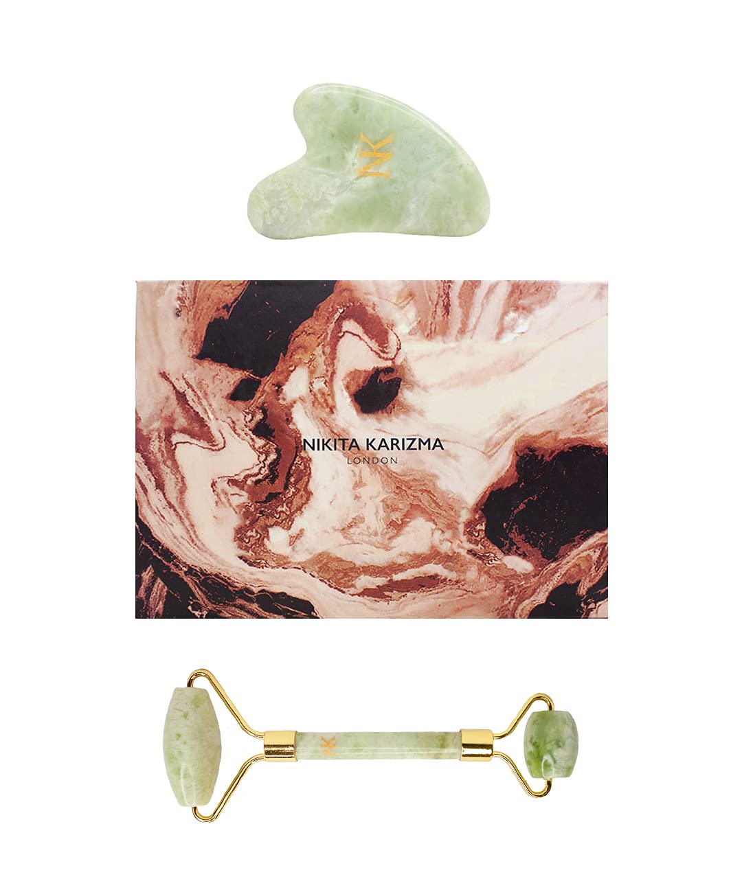 KARIZMAJade Roller and Gua Sha Massage Tool Set. Mint Jade Stone Face Roller and Gua Sha Set with Real Crystals! Gift Boxed Facial Roller, Eye Roller and Skin Scraper Guasha Tool For Face