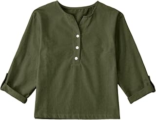 Blusa de algodón para niñas, estilo bohemio, manga larga, 3/4, cuello en V, botones, color sólido, ligera, holgada, transpirable, ropa lisa
