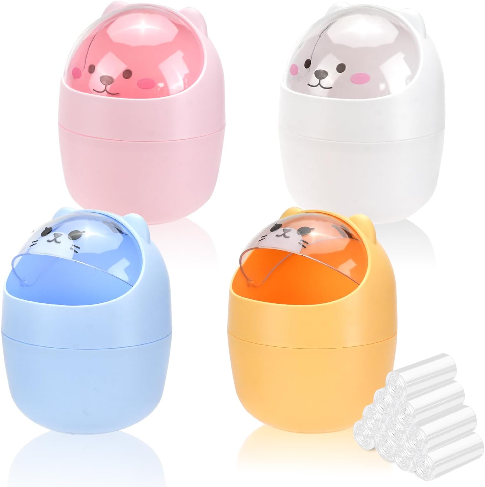 4 Pack Cute Mini Trash Can, Small Desk Trash Can with Lids, Countertop Garbage Cans with 300 Trash Bags, Kawaii Plastic Tiny Waste Bin for Bathrooms Kids Bedroom Kitchen Office Desktop