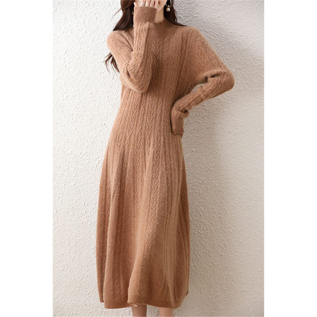 Ruereuu Vestido de mujer Suéter de cachemira Vestido largo de lana merino Cuello alto Falda de oficina