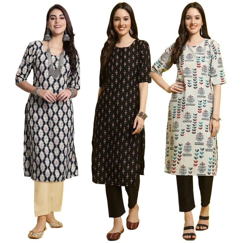 Pinkmint Women’s Crepe Printed Kurta and Pant Set (Pack of 3) Pinkmint Women’s Crepe Printed Kurta and Pant Set (Pack of 3)