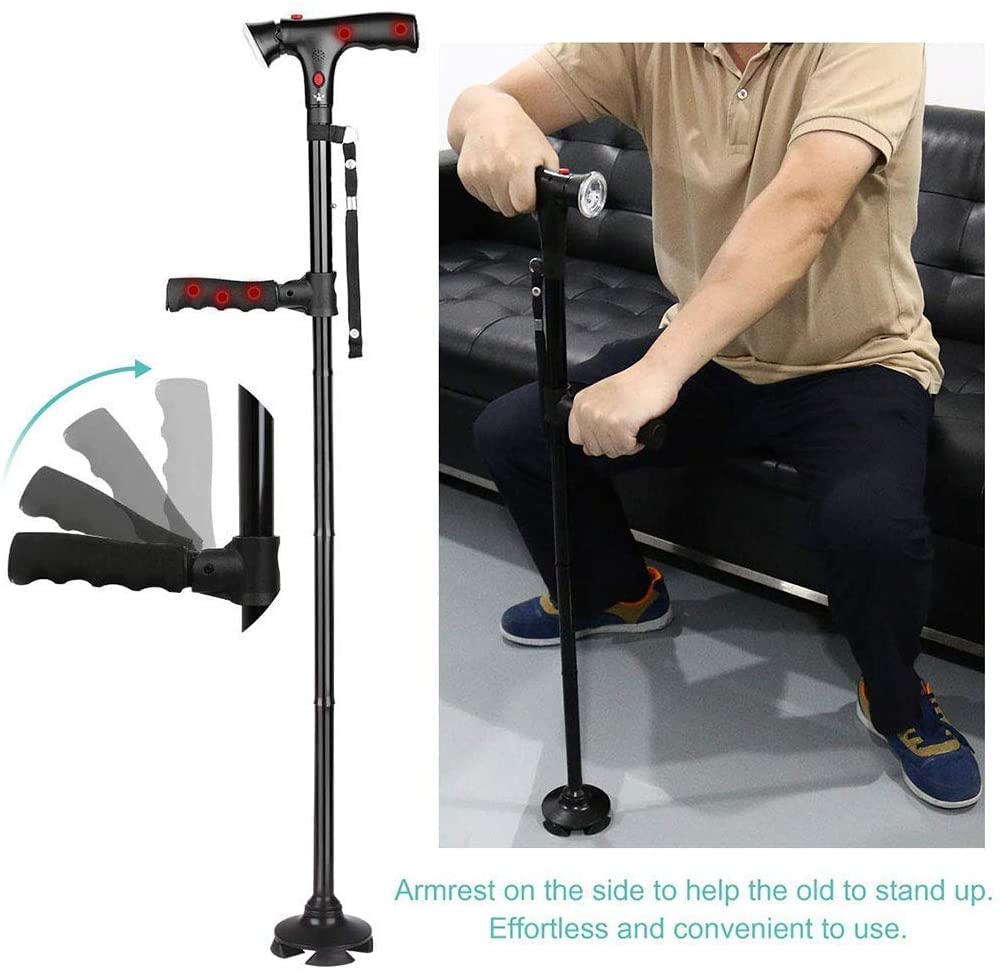 MRKU Bastón para Caminar, bastón Plegable, bastón para Caminar, Antideslizante, bastón médico para Ancianos, Ligero, Multifuncional, Ajustable, de aleación de Aluminio, Andador con luz LED