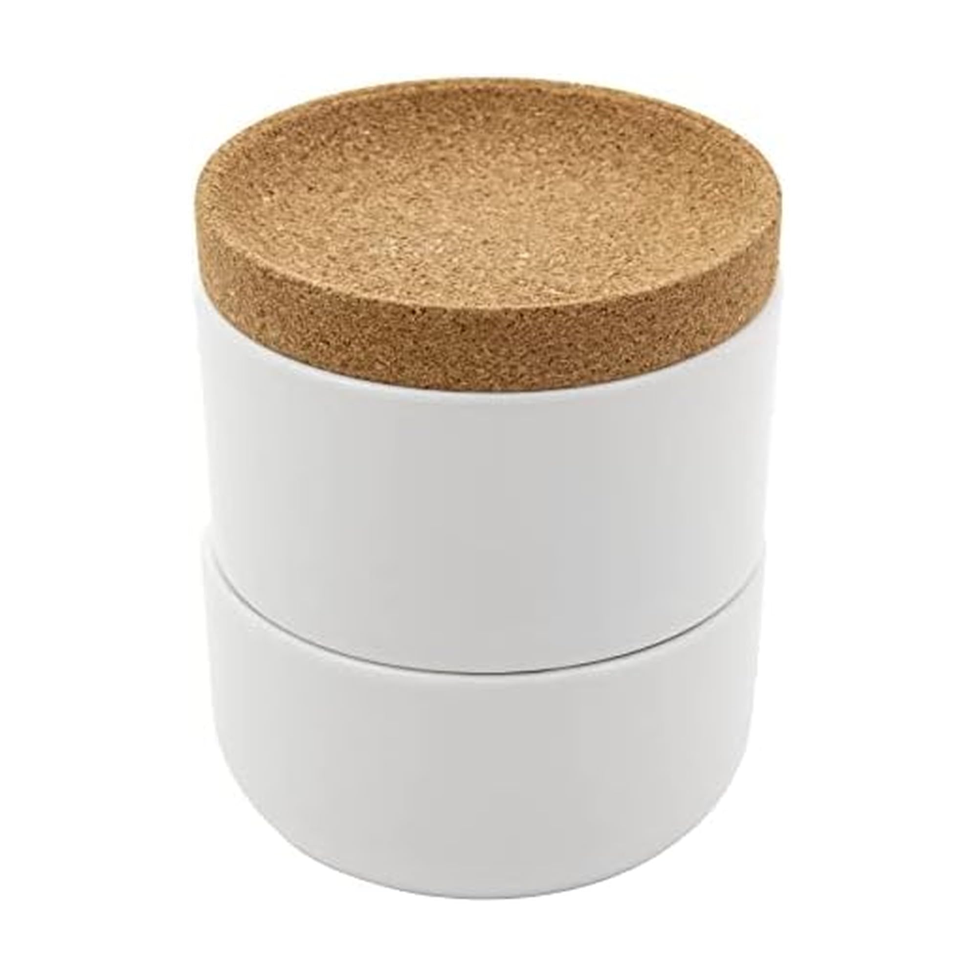 Kamenstein Cork and Ceramic 3 Piece Stackable Salt and Pepper Cellar For Countertop Space Saving; Pivoting Lid to Retain Freshness for Easy Open, 4 x 4 x 4.25 Inch, Natural Cork and White Ceramic
