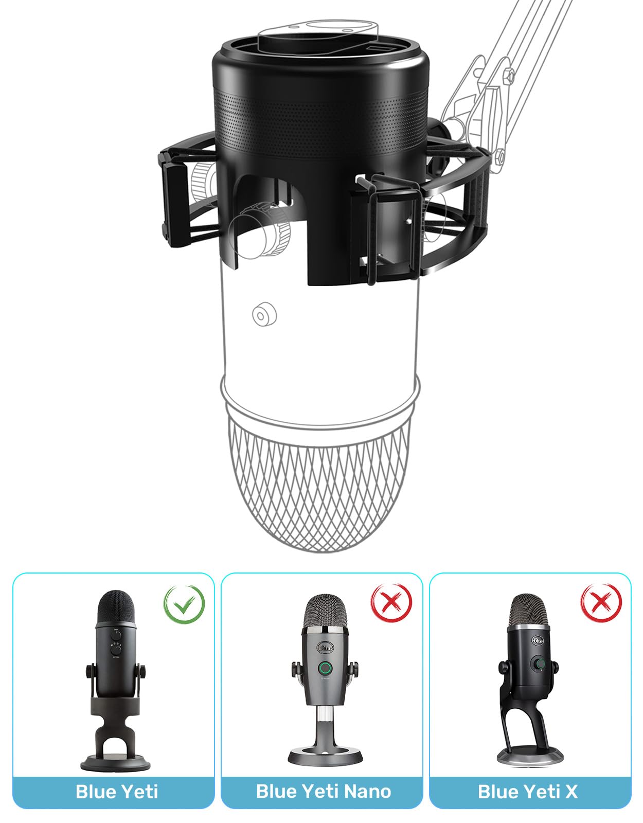 Soporte de choque para Yeti azul con filtro pop, suspensión antivibración, soporte elástico para micrófonos con adaptador de tornillo compatible con micrófono Yeti
