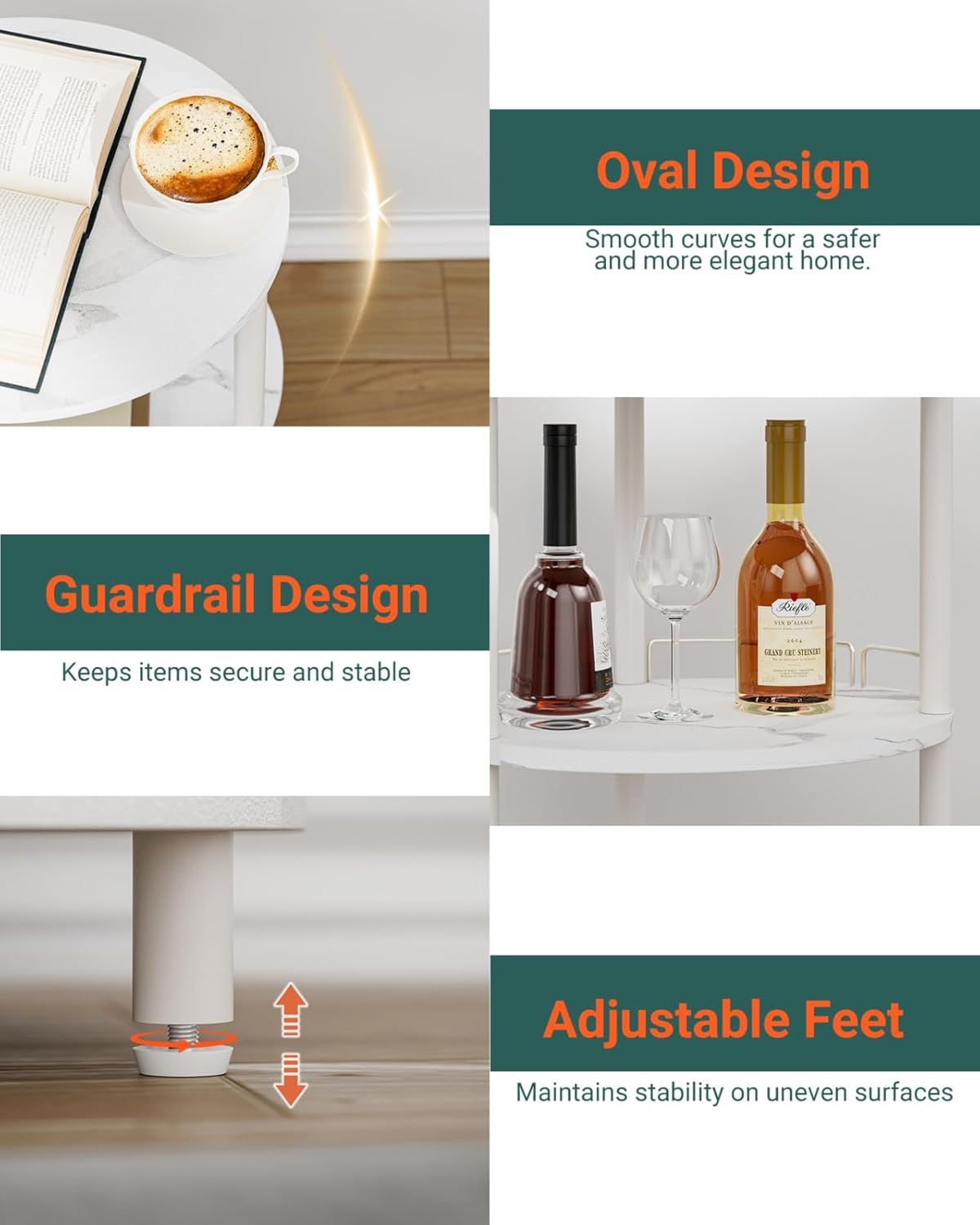 Small Nesting Coffee Table - 3-Tier Oval Accent Table for Small Spaces, Rustic Wood and Metal Couch End Table, Nightstand for Bedroom or End Table Living Room, Easy to Assemble, Marble White