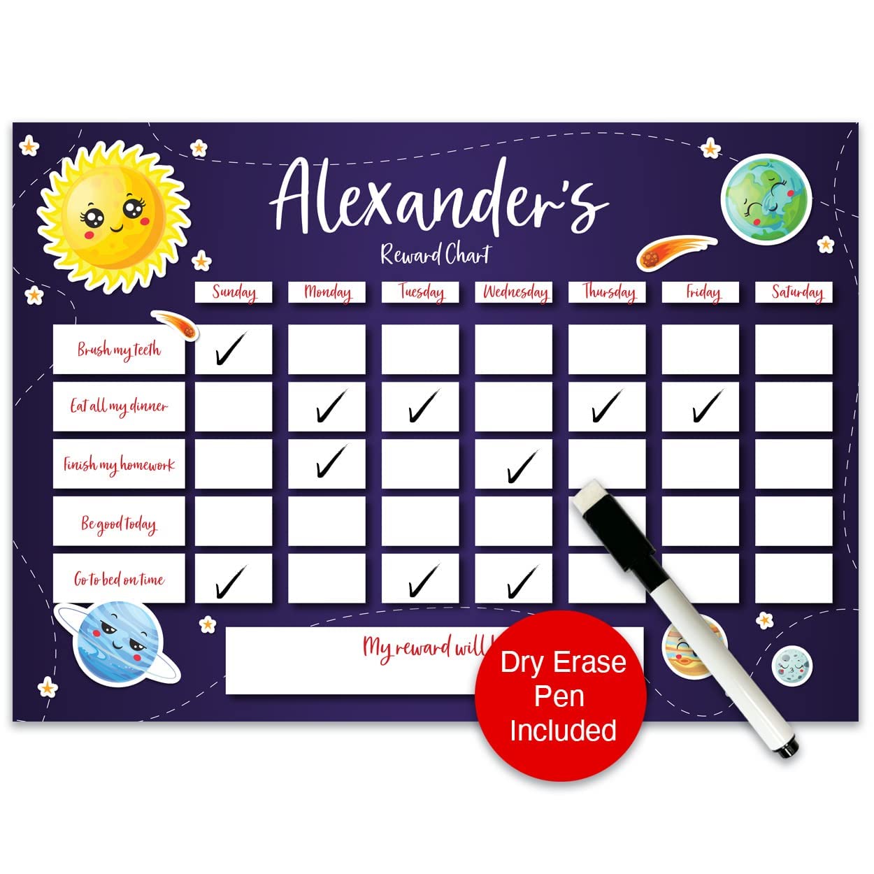 Paper Themes Personalised Reward Chart for Children | Behaviour Charts for Children for Responsibility and Routine with Dry Erase Pen (Space)