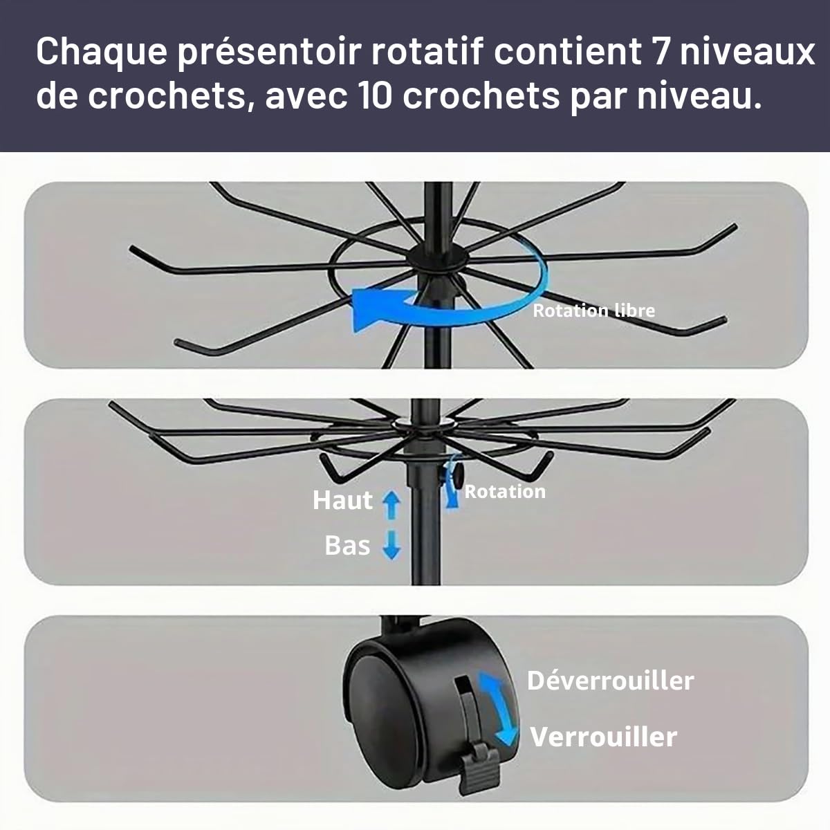 NEWFUN Présentoir Rotatif en Métal à 7 Niveaux,Rotation à 360°, Métal Support Roulette Tournant Pour Articles a Bijoux Chaussette Carte, Adapté Aux Bijouteries et Magasins de Détail