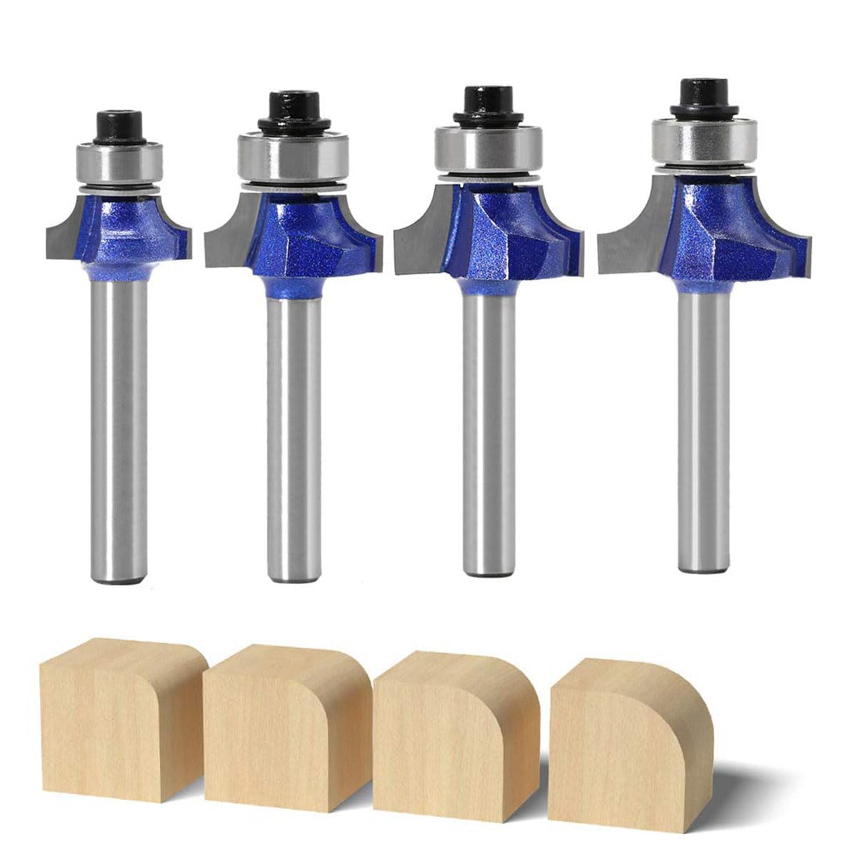 4 Pcs Roundover Router Bit Set 1/4" Shank, Professional Edge Rounding Router Bits Set with Bearing, Radius 1/8" 5/32" 3/16" 1/4"