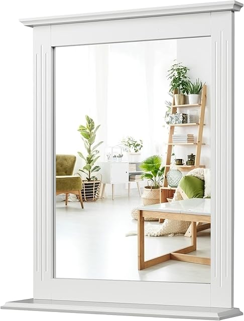 CASART Wall-Mounted Mirror, 55 x 43cm Bathroom Mirror with Open Shelf & Wooden Frame, Makeup Shaving Mirrors for Entryway Washroom Bedroom & Dressing Room