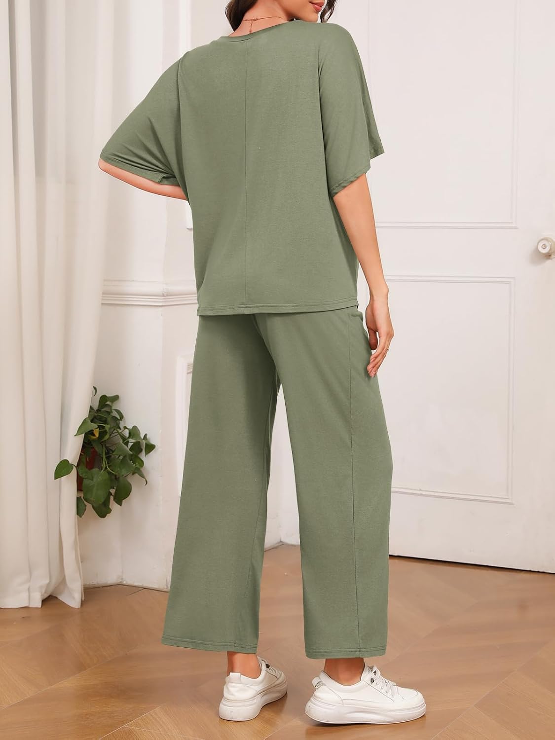 Tankaneo Womens Maternity Pajamas 2 Piece Lounge Set Soft Short Sleeve V Neck T-shirt Cropped Pants Pregnancy Loungewear
