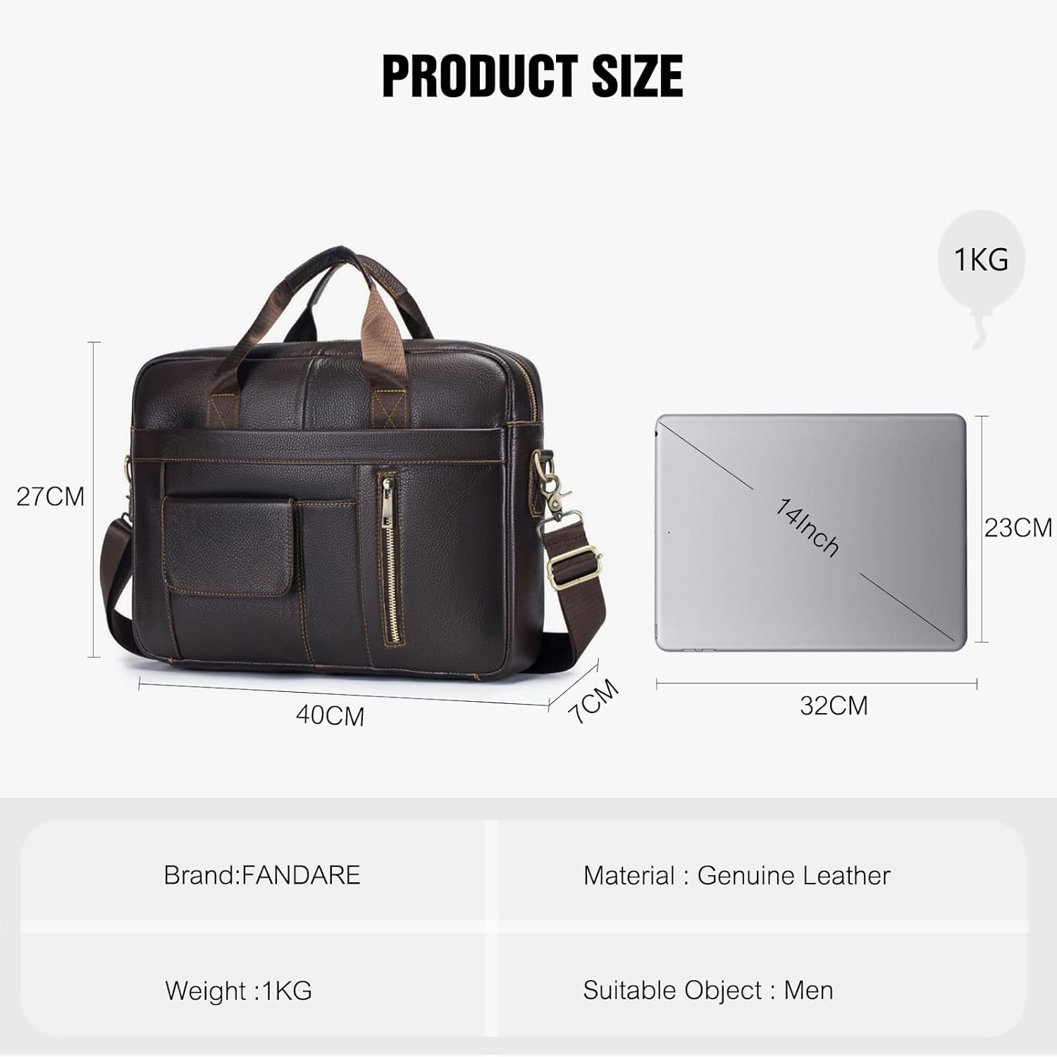 FANDARE Laptop Tote Bag for Men Full Grain Leather Briefcase Business Tote Messenger Handbag