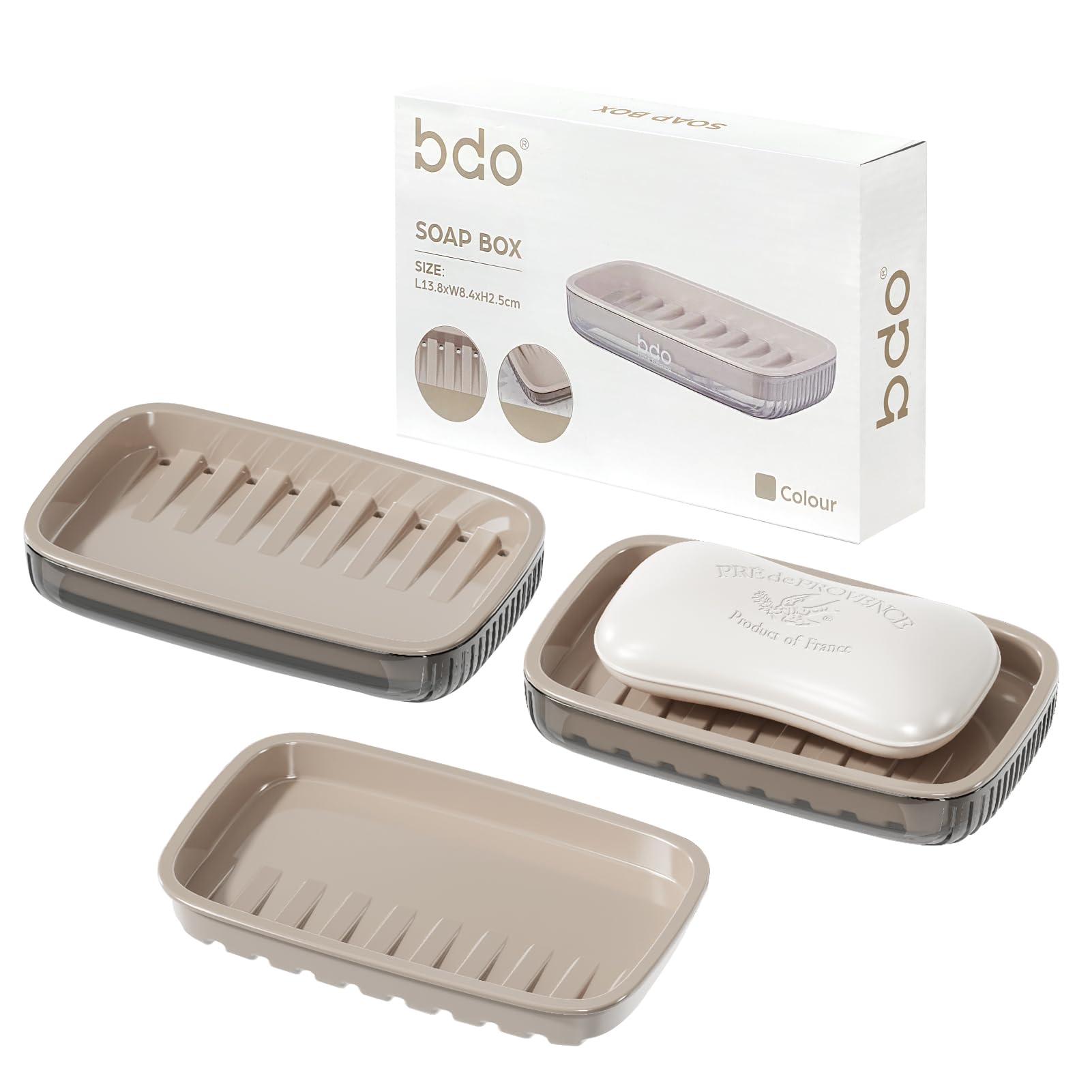 SHOTAY Large Soap Dish Holder, Self Draining Bar Soap Holder, Soap Case with Built-in Drain Holes, Plastic Soap Bar Container, Soap Saver for Shower, Bathroom, Kitchen - Without Cover - Beige&Clear