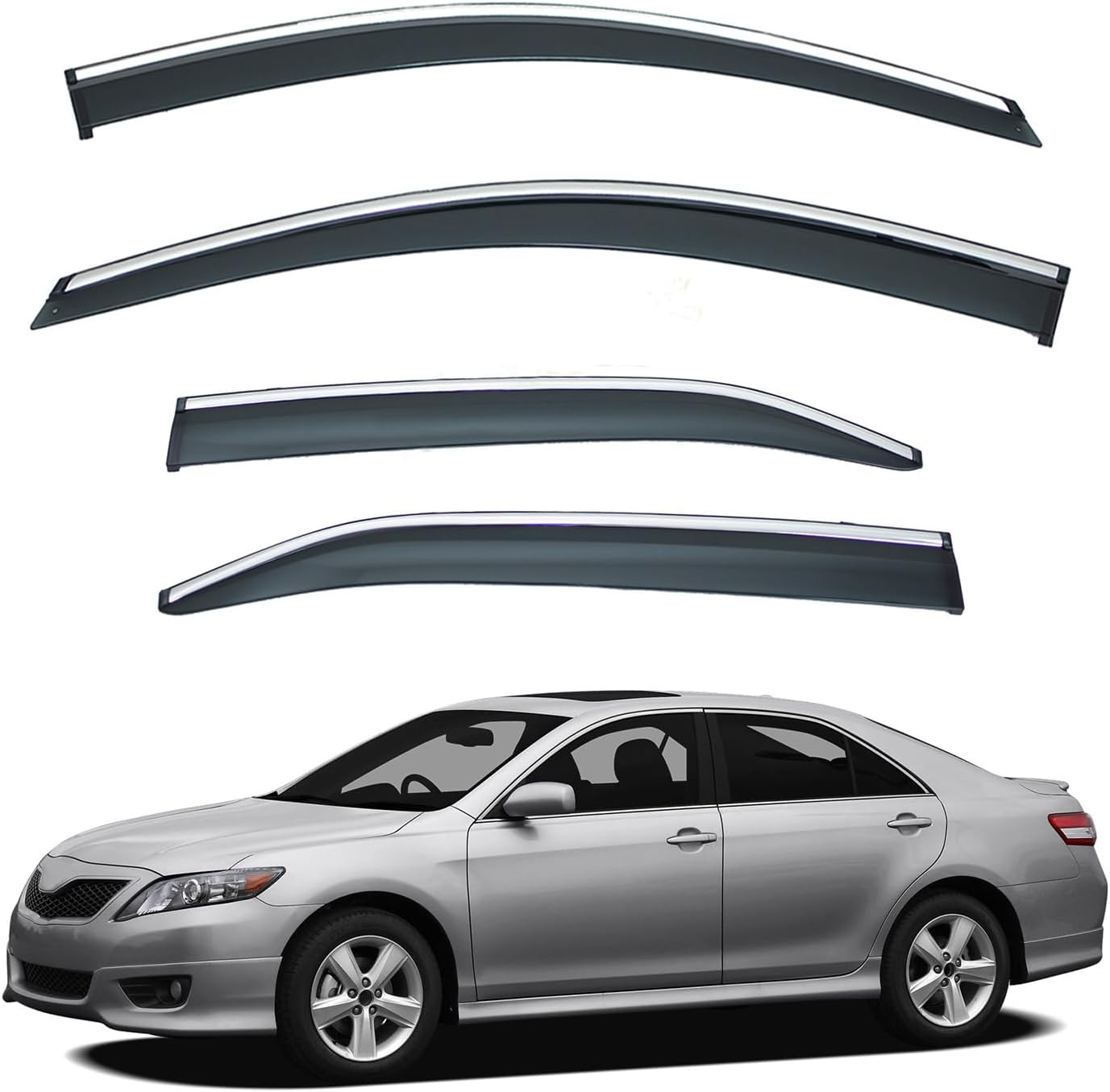 4pcs Window Rain Guard Compatible with 2007-2011 Camry Smoke Tint with Chrome Trim Outside Mount Tape On/Clip On Style PVC Sun Vent Window Visors