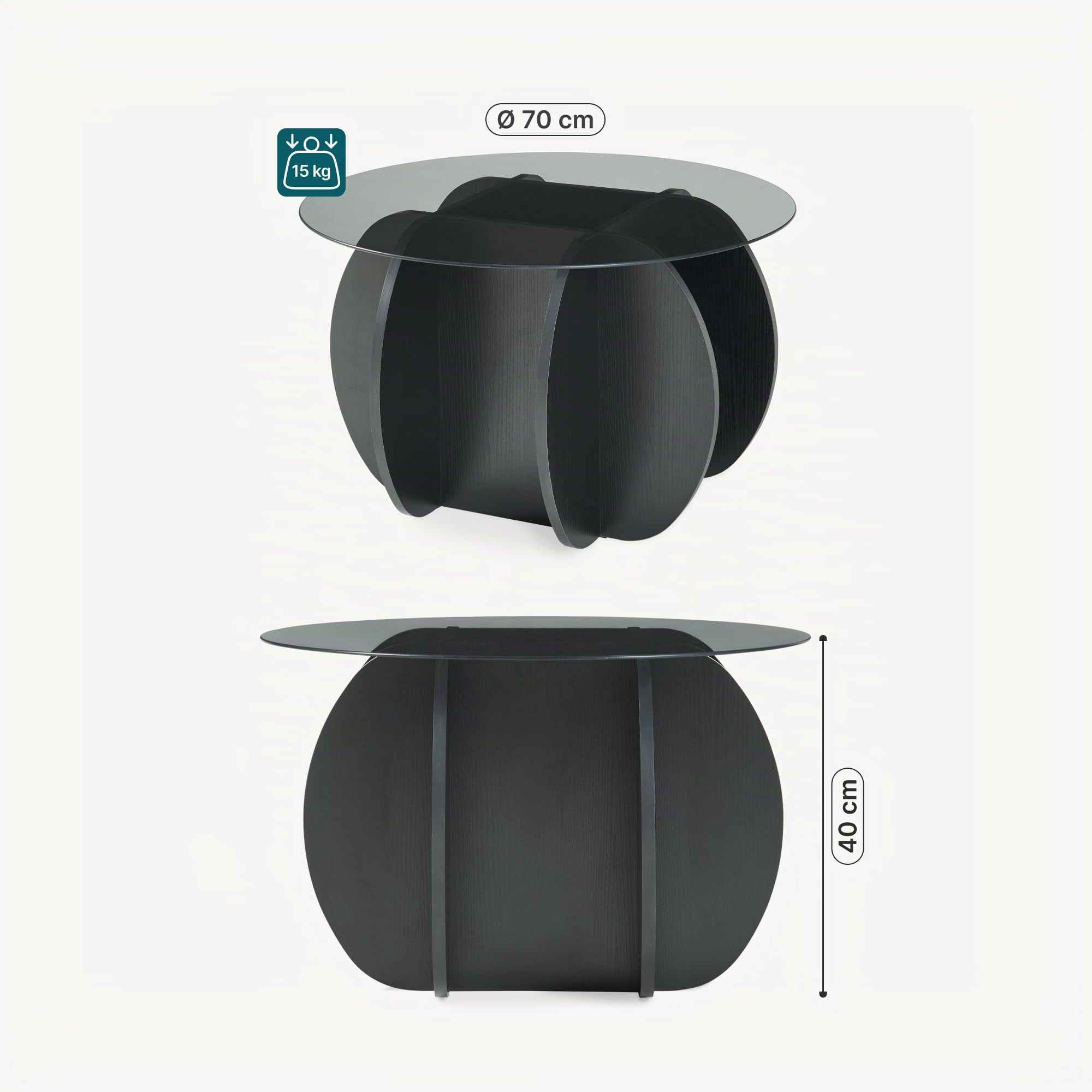 [en.casa] Couchtisch Karhuvandi Beistelltisch Couch Glasplatte rund Ø70 x 40 cm Wohnzimmertisch Sofatisch Gestell mit Holzstruktur Kaffeetisch Rauchglas Schwarz/Grau