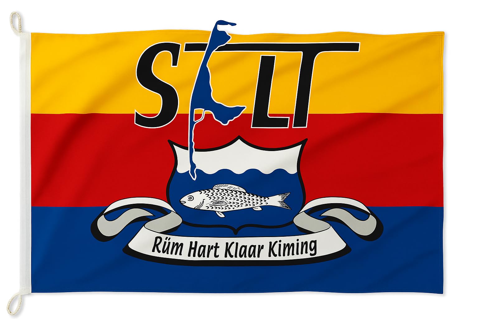 Flaga Sylt – "Rüm Hart Klaar Kiming" z herbem, napisem i motywem wyspy Ultra ściereczka do flagi okrętowej / 120 x 80 cm