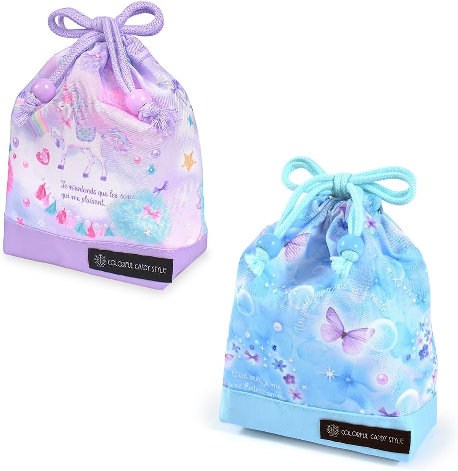 COLORFUL CANDY STYLE NU904000-BTR Drawstring Bag, Small, Set of 2 Separate Patterns, Water Repellent Fabric, Cup Bag, Accessory Storage, Tool Bag, Kids, Cute, Stylish, Unicorn and Butterfly Set, Girls