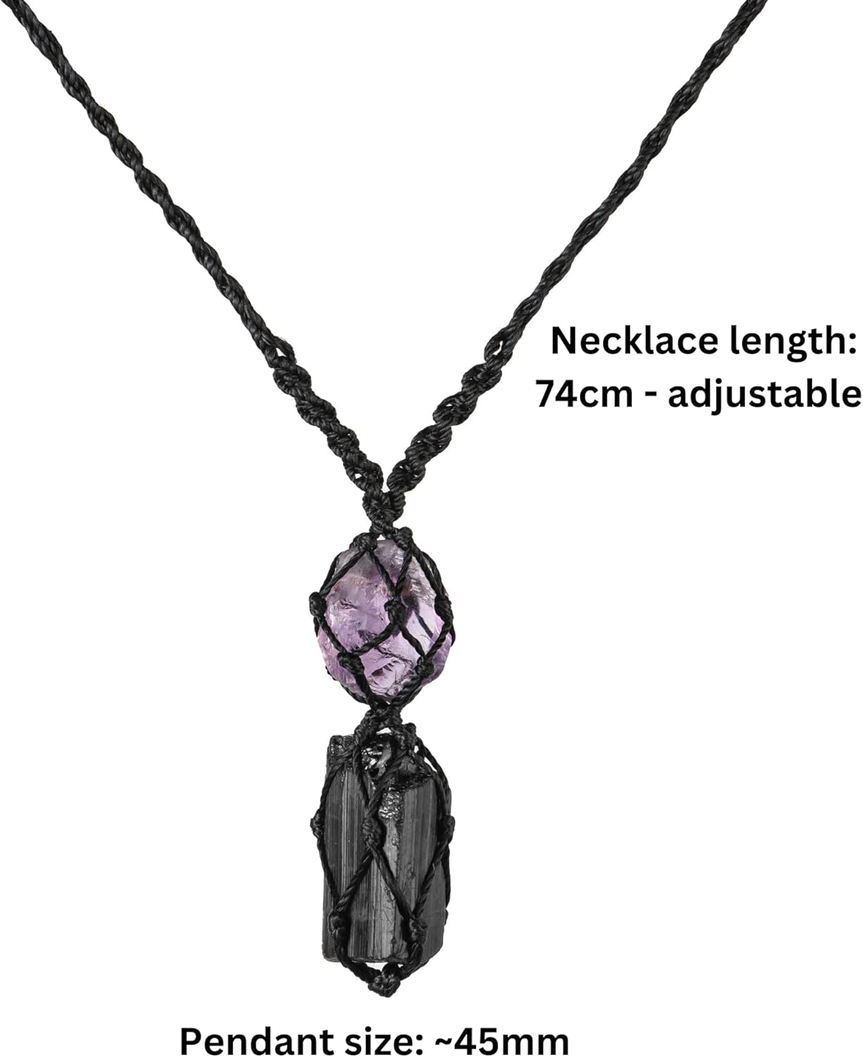 Handmade Raw Black Tourmaline & Amethyst Necklace – Macramé Crystal Pendant for Spiritual Balance, Grounding & Everyday Energy Gift for Men, Women - Image 2
