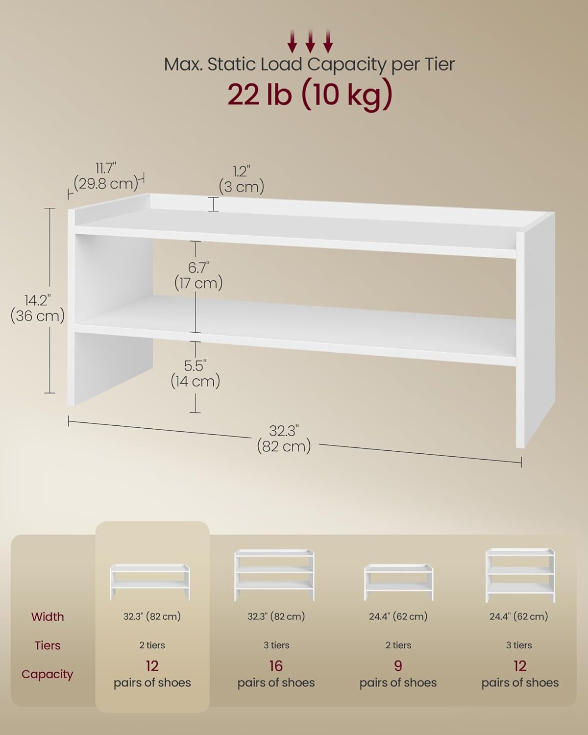 VASAGLE Shoe Rack for Closet, Stackable Shoe Organizer Shelf for Entryway, 2 Tiers, 11.7 x 32.3 x 14.2 Inches, White ULBS060WZ01S