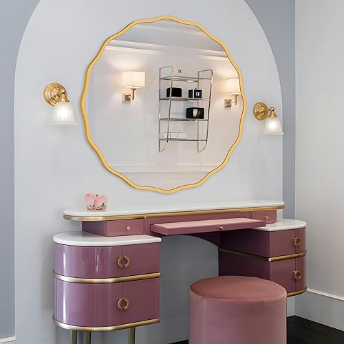 Miniatura 4 de Espejo redondo dorado decorativo de 24 pulgadas para pared, moderno espejo ondulado con marco de madera, espejo de pared circular para baño,