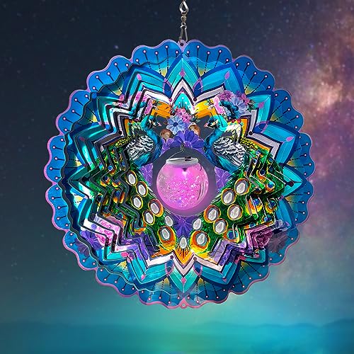 FONMY Solar Wind Spinner Mandala Peacock Christmas Decoration Worth Gift 3D Stainless Steel Hanging Wind Spinners Indoor/Outdoor Garden Décor Kinetic Yard Art 12 Inches Multi Blue Wind Sculpture