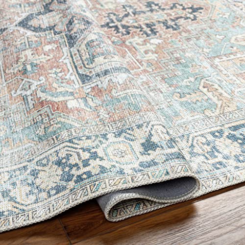 Kemer Collection Machine Washable Hallway Kitchen Runner Rug - Vintage Distressed Faded - Oriental Bohemian Persian Traditional Bordered Carpet - Pet Friendly - Brown, Blue, Green - 2'7" X 7'3" #TOP5