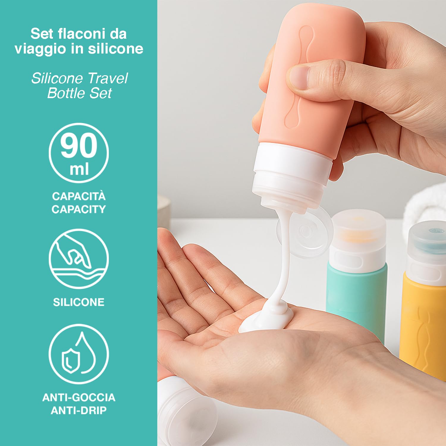 BEPER C302AAC010 Set of 90 ml Silicone Travel Bottles (4 Pieces) Shampoo and Cream Containers with Transparent Case, Leakproof, Ideal for Airplanes and Gym — view 2