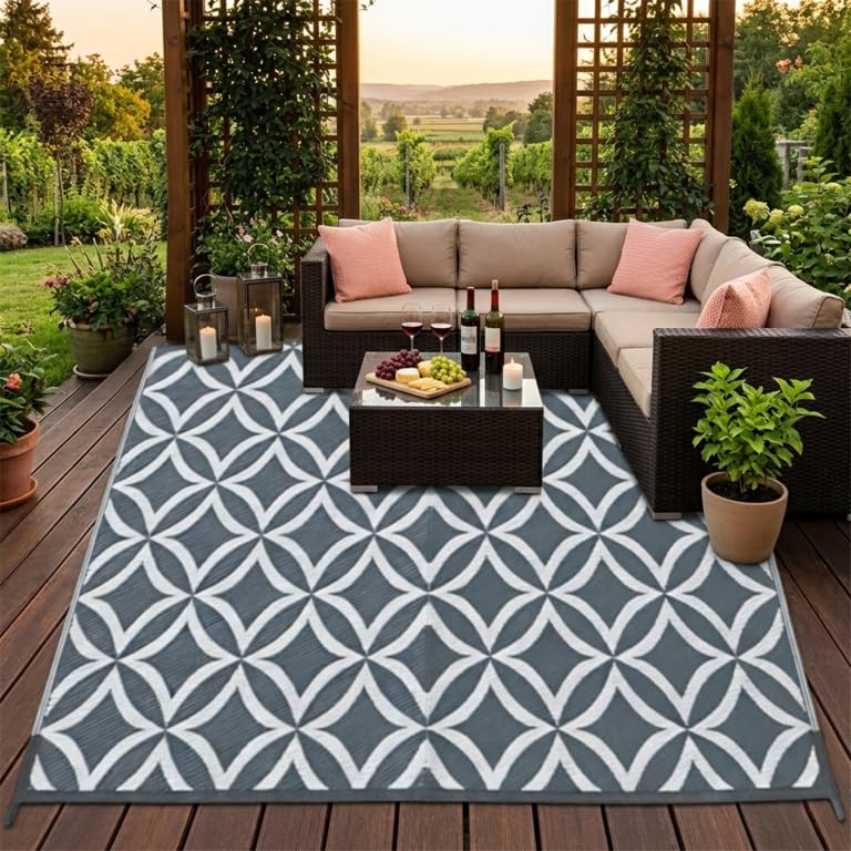 HomeTronix Outdoor RugGarden Rug Outdoor Waterproof Patio Rugs UV Resistant Camping Mat Plastic Strawfor Patio Balcony Beach BBQ Picnic Deck Travel Rug 180 x 270 cm (Grey)
