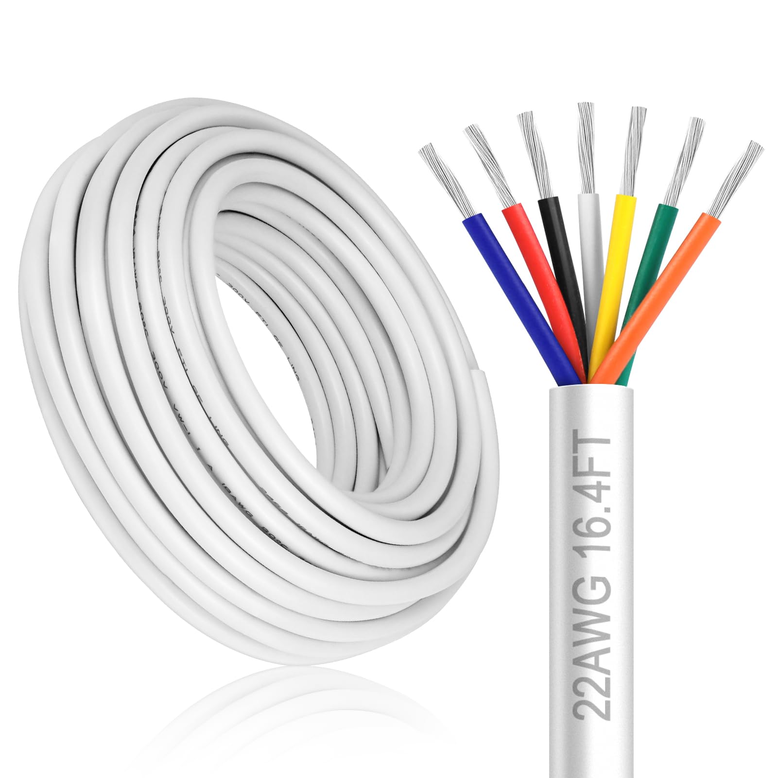22 Gauge 7 Conductor Electrical Wire, 16.4FT White Stranded Low Voltage 22/7 PVC Case, 22 AWG Tinned Copper 7 Wire Extension Power for Strips LED Lamp