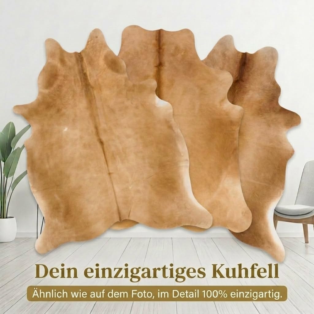 Hide & Haus Kuhfell Teppich Braun Groß (220 x 200 cm) inkl. 4 Kuhfell-Untersetzer - echtes Rinderfell