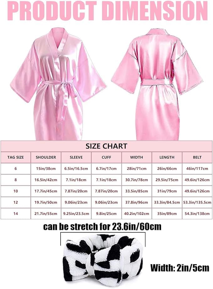 MSYU Set di 12 accappatoi kimono in raso rosa con fasce per la cura della pelle, per saloni, matrimoni, feste di compleanno, taglia 8, rosa, 130