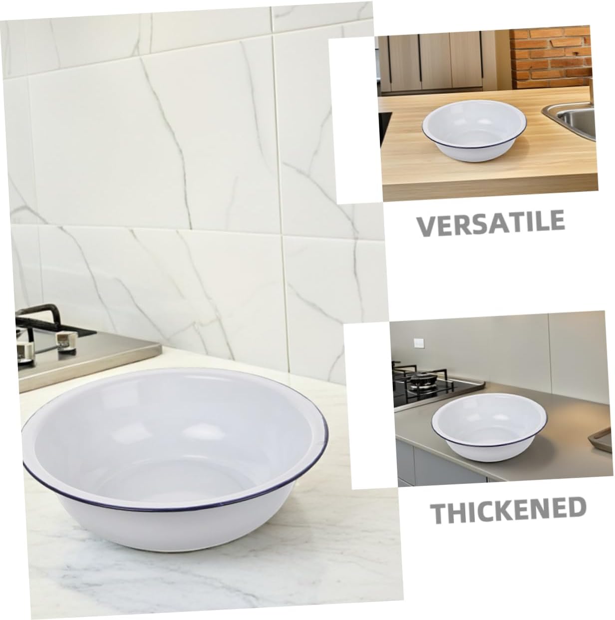 TEHAUX 2pcs Enamel Mixing Bowl Porcelain Soup Basin Vintage Washing Basin Round Design for Home Use Elegant Finish for Salad Fruit Serving