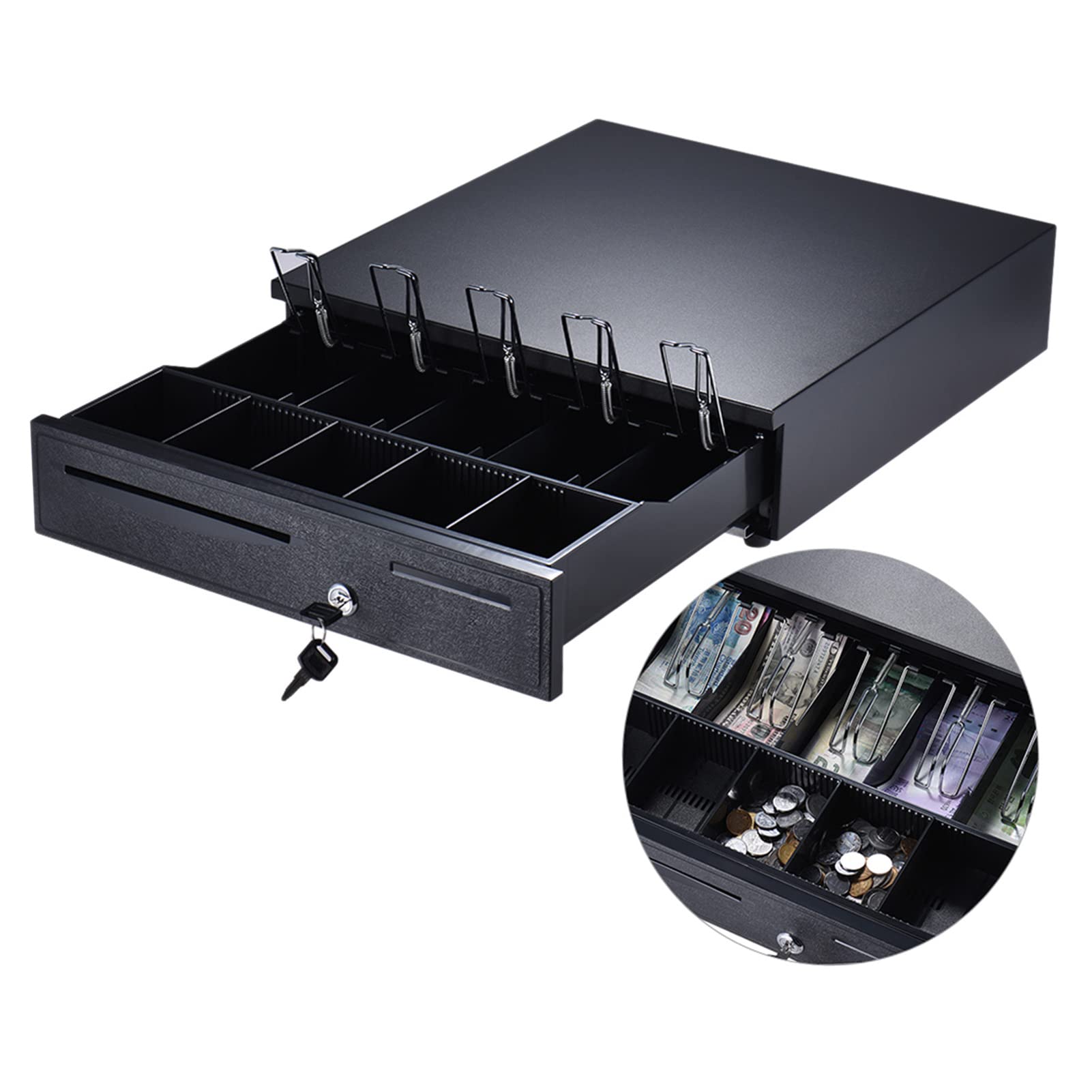 Aramox Cassetto Contanti Cassetto Registratore di Cassa in Metallo con Interfaccia RJ11 5 Vassoi per Banconote 5 Vassoi per Monete Scomparti Regolabili Blocco a 3 Posizioni per Bancone Ristorante