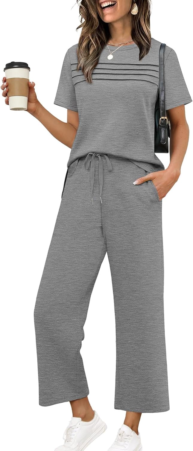 WIHOLL Two Piece Sets for Women Summer Spring Travel Vacation Outfits Short Sleeve Lounge Sets Side Slit Wide Leg Pants S-3XL