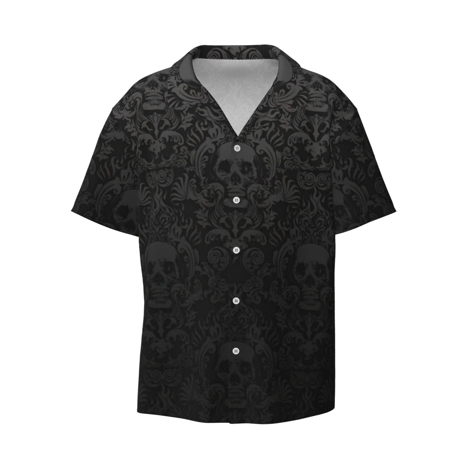 Longzehao Gothic Wallpaper Skull Print Button Down Short Sleeve Shirts for Men Summer Hawaiian Casual Holiday Beach Shirt, Black, Medium