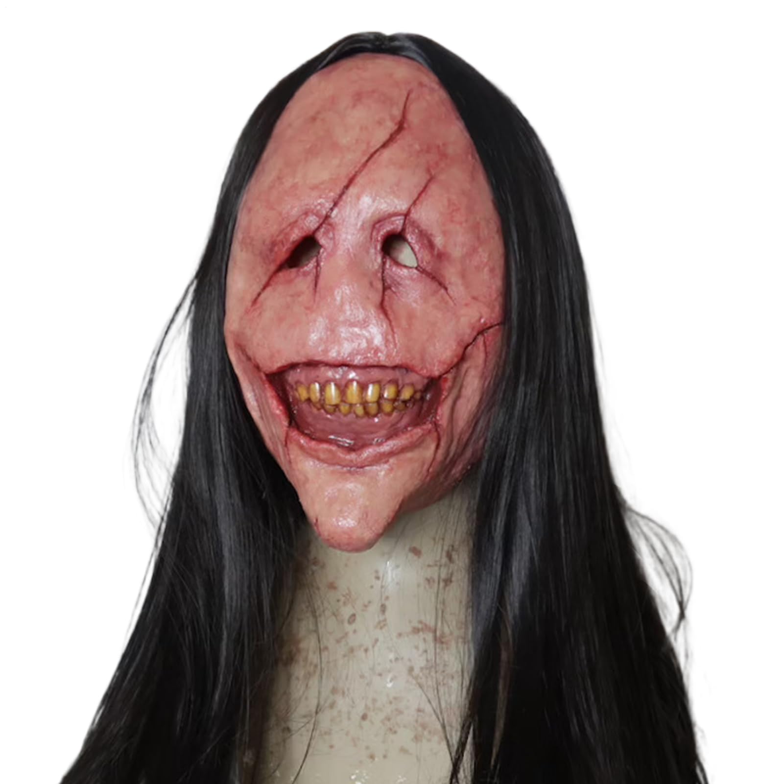 Genérico Máscara Terrorífica, Cubrecaras Realista y Espeluznante, Disfraz Festivo Respir con Cabello Largo y Dientes para Halloween Películas de Terror Casas Encantadas Teatro