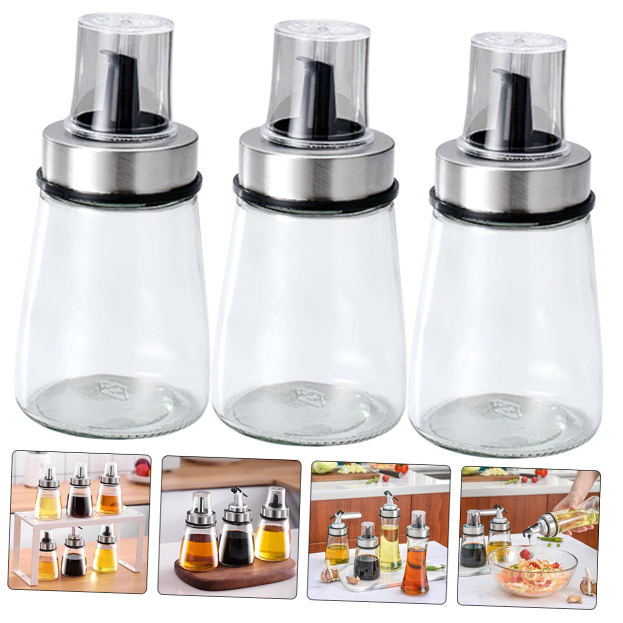 3stücke Haushalts-saucenflasche Essigflaschen aus Glas Flaschen für Flüssige Gewürze Küchenflaschen mit Transparentem Design Platz für Zwei Gewürze