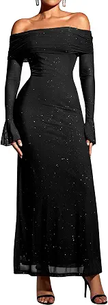 Women Off Shoulder Bodycon Maxi Dress with Long Sleeves and Mesh Ruched Design