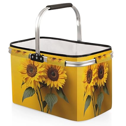 Kizmoglux Sunflower Flower Collapsible Market Basket, Foldable Picnic Basket - Large Shopping Basket with Handles, Portable Folding Bag for Shopping Camping Picnic