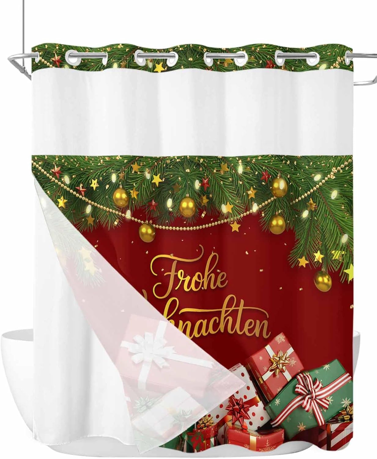 No Hook Shower Curtain, Merry Christmas Standard Shower Curtain with Snap in Liner, Winter Xmas Gifts Pine Tree Light Balls Waterproof Washable Fabric Bathroom Curtains Sets, 72" x 72"