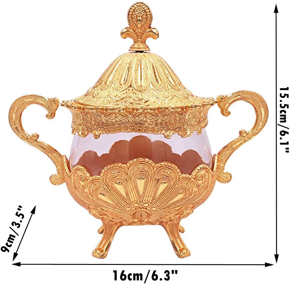 Hourwof Sugar Bowl with Lid and Spoon for Kitchen Coffee Bar and Wedding Party,Metal and Glass Sugar Container for Sugar Cube and Powder Sugar,Spice Condiment Container,Salt Server,Gold